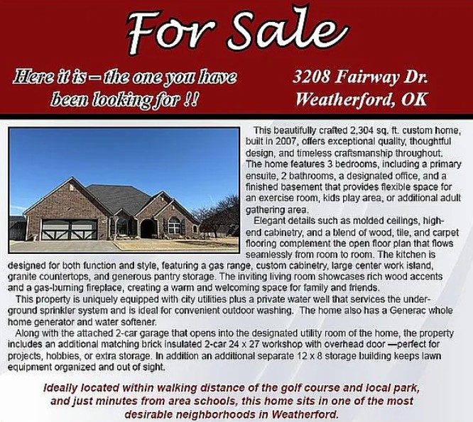 3 Bedroom House For Sale By Owner in Weatherford, OK 